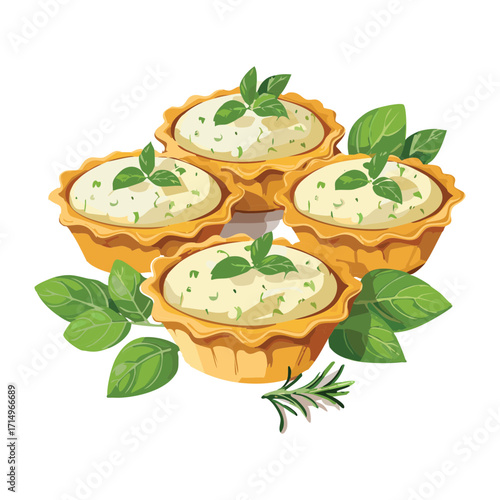 A group of small, savory tarts with a creamy white filling and garnished with fresh green herbs - Vector Illustration