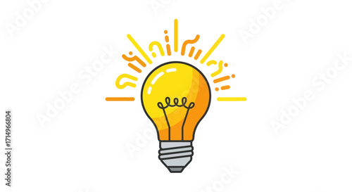 Bright Yellow Cartoon Light Bulb Glowing with Radiant Energy Rays.