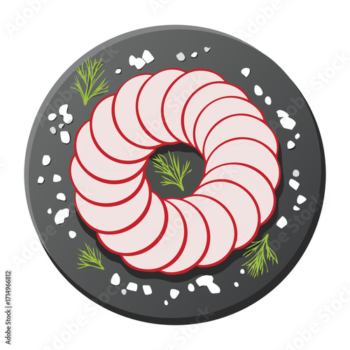 Sliced red and white radishes arranged in a circular pattern with herbs and a dipping sauce - Vector Illustration
