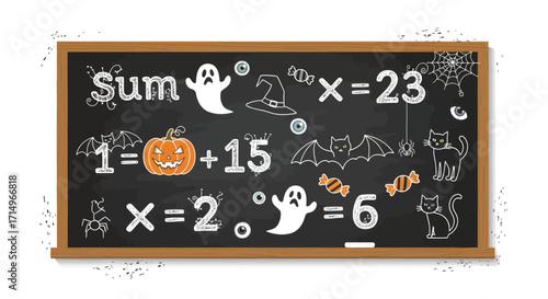 Halloween-Themed Math Equation on Chalkboard.