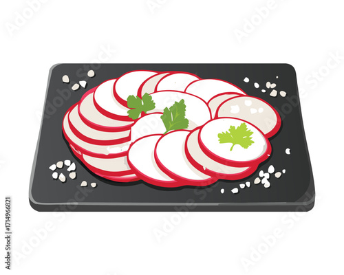 An elegant arrangement of sliced radishes with fresh herb garnish on a simple black plate, a great side dish - Vector Illustration
