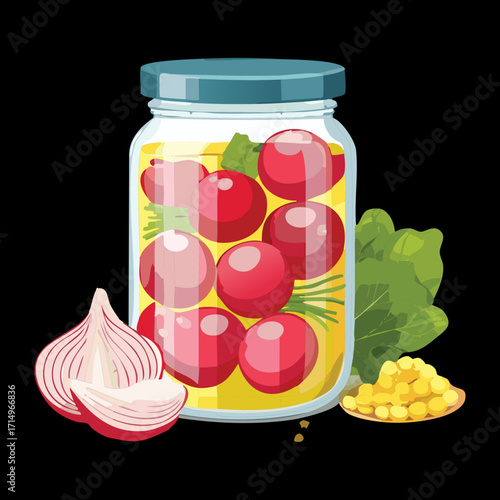 A classic jar of pickled red radishes with fresh dill and garlic, a tasty and versatile addition to any meal - Vector Illustration
