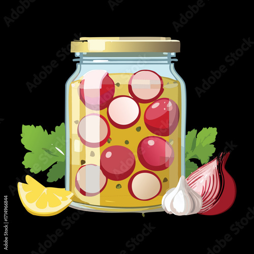 A clear jar filled with vibrant pickled red radishes and garlic cloves, a crunchy and flavorful condiment - Vector Illustration
