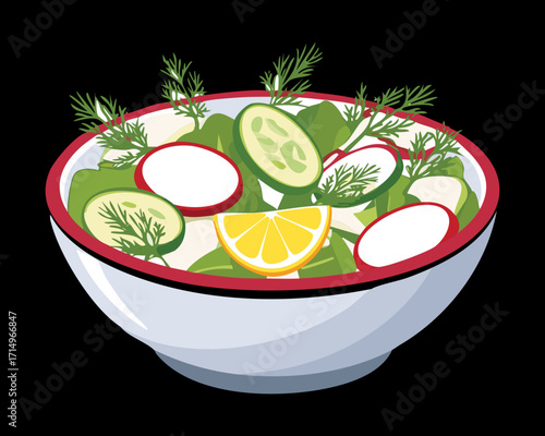 A beautiful bowl of fresh mixed greens salad with lemon slices and cucumber, a perfect, light and healthy dish - Vector Illustration
