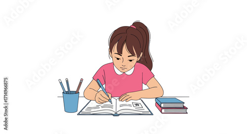 Young girl with a brown ponytail in a pink shirt diligently writing in a notebook at her desk.