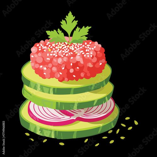A vibrant and healthy vegetable stack with layers of fresh cucumbers, radishes, and a savory minced meat patty - Vector Illustration
