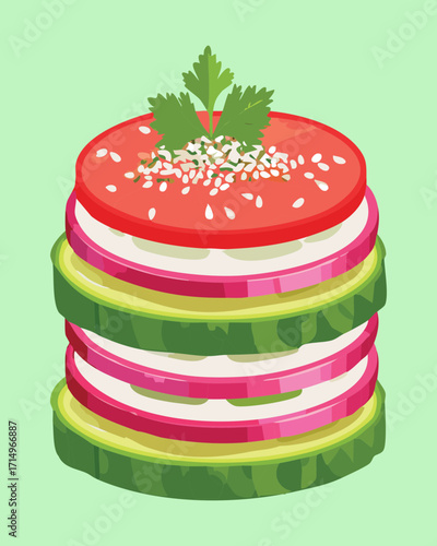 A colorful and stacked appetizer with layers of fresh vegetables, cheese, and a savory topping, a delicious snack - Vector Illustration
