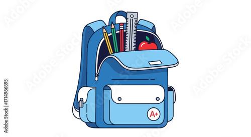Cartoon Blue Backpack Filled with School Supplies.