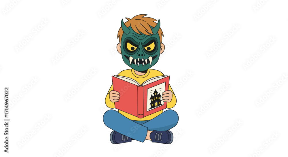 Fototapeta premium Cartoon child with monster mask reading a book.