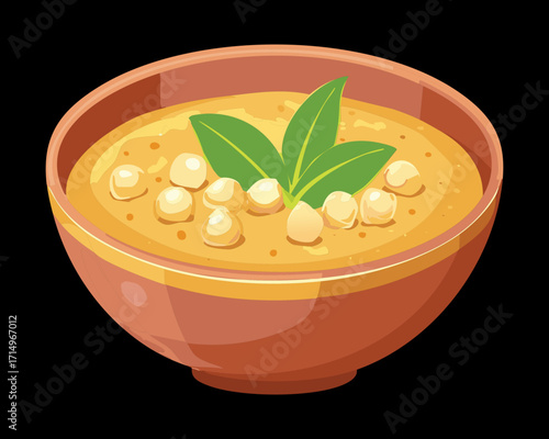 Golden chickpea and vegetable soup with a garnish of herbs and spices, a perfect warm meal - Vector Illustration
