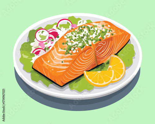 A tender salmon fillet, perfectly roasted and placed on a bed of fresh greens and red onion, a nutritious meal - Vector Illustration