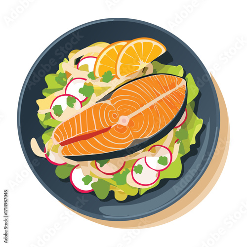 A beautifully cooked salmon fillet served with a fresh salad of red onion and lettuce, a healthy and light dish - Vector Illustration