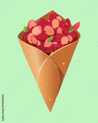 A paper cone holding a generous portion of chopped sausage pieces, a perfect and easy-to-eat street food snack - Vector Illustration