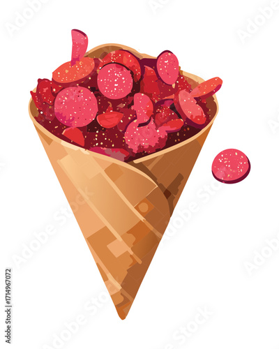 A paper cone filled with bite-sized pieces of sliced sausage, a convenient and delicious snack or party food - Vector Illustration