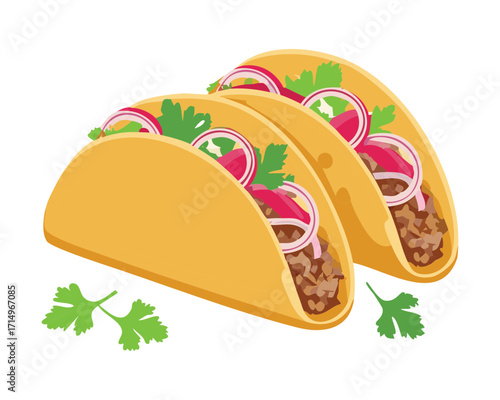 Two delicious tacos with a savory meat filling, topped with fresh onions and cilantro, a popular Mexican food - Vector Illustration