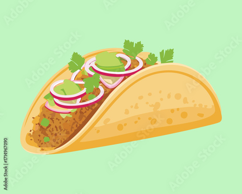 A single hard-shell taco filled with seasoned ground meat, chopped onions, and fresh cilantro, a quick and satisfying meal - Vector Illustration