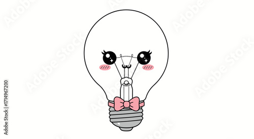 Cute kawaii light bulb character with a pink bow tie and blushing cheeks.