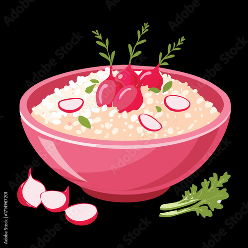 A delicious and wholesome bowl of warm rice gruel, topped with thin slices of red radish and finely chopped chives - Vector Illustration
