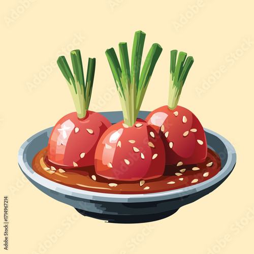 Gourmet Glazed Beets or Root Vegetables with Green Tops Served as an Elegant Side Dish - Vector Illustration	