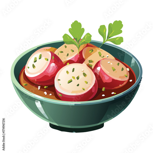 Rustic bowl of poached white fish and root vegetables, such as small potatoes or radishes, served in a rich broth with a sprig of fresh herb - Vector Illustration	