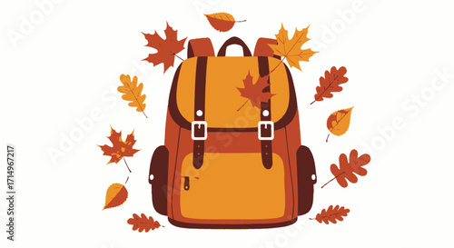 Autumnal Orange Backpack with Falling Leaves.