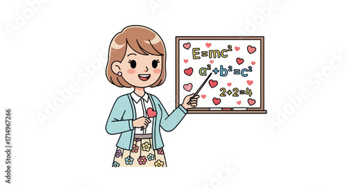 A friendly cartoon female teacher with a pointer explaining math and physics formulas on a whiteboard.