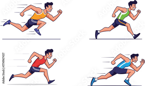 Athletic man running fast, cartoon sports character sprinting, fitness training vector, healthy lifestyle exercise, strong athlete workout, marathon sprint illustration