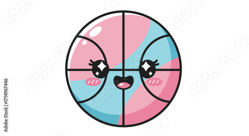 Adorable Kawaii Basketball with Pink and Blue Panels and Cute Face.