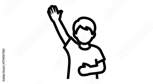 Simple Black Line Drawing of a Person Raising Hand.