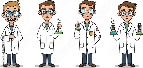 Cartoon scientists in lab coats with chemical flasks, funny science characters, research experiment illustration, laboratory education concept, chemistry teamwork design