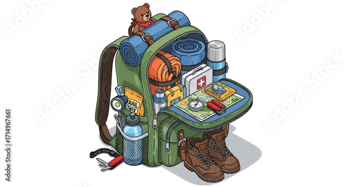 Fully Packed Green Backpack with Camping Gear and Boots.
