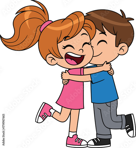 Cute cartoon boy and girl hugging, happy kids friendship illustration, adorable children showing love, affection, joy, smile, happiness together