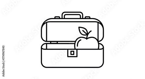 Minimalist line art illustration of an open school lunch box with an apple for a healthy meal.