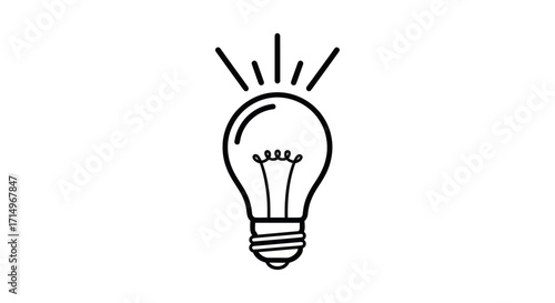 Simple Line Drawing of a Glowing Incandescent Light Bulb.