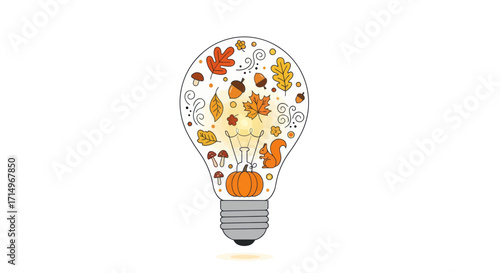 Autumn Light Bulb with Fall Foliage and Pumpkin.