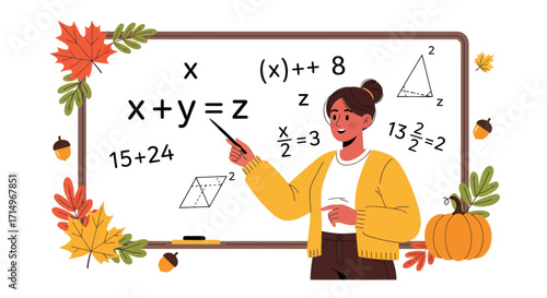 Female Teacher Explaining Math Equations on Whiteboard.