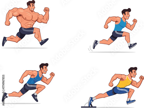 Strong muscular man running, fitness athlete training, cartoon sports illustration, bodybuilding runner character, healthy lifestyle concept, workout exercise, sprinting vector