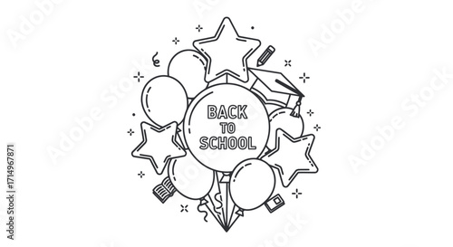 Back to School Graphic Design with Balloons and Graduation Cap.