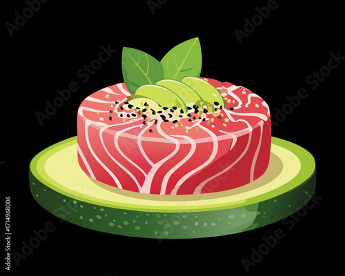 Elegant presentation of raw ahi tuna tartare, molded into a neat cylinder shape and garnished with avocado and sesame seeds - Vector Illustration	