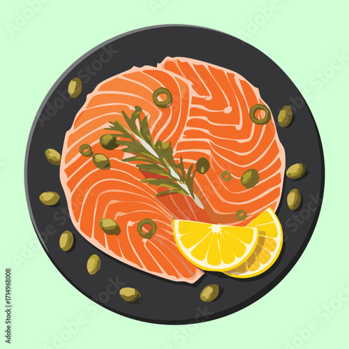 perfectly sliced fresh salmon fillets, seasoned with dill and pepper, ready to be cooked and served with lemon wedges on a dark plate - Vector Illustration	
