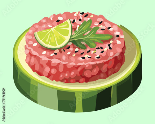 Finely chopped raw tuna tartare mixed with capers, chives, and sesame seeds, presented beautifully on a bed of fresh cucumber slices - Vector Illustration	