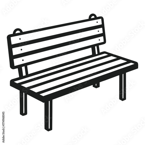 Black outline drawing of a slatted park bench on white background outdoor furniture