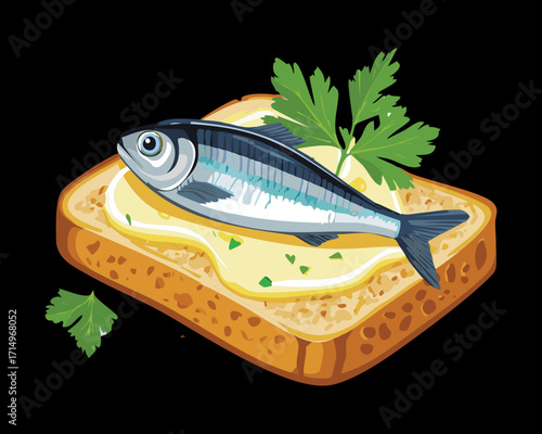 Savory small silver fish placed on a piece of white toast topped with herbs and spices, ideal for a light and healthy Mediterranean lunch - Vector Illustration	