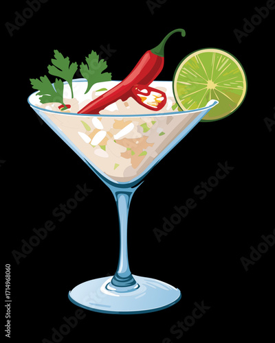 Zesty ceviche cocktail with diced white fish, chili peppers, cilantro, and lime juice served in an elegant martini glass at a party - Vector Illustration	