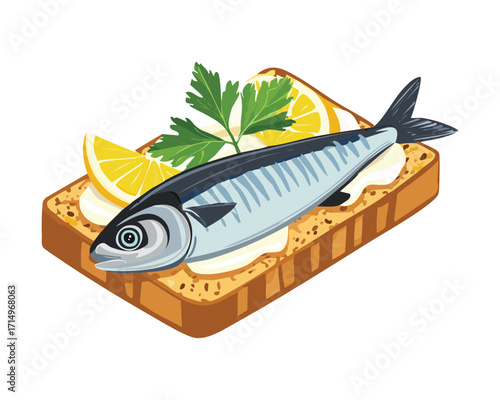 Freshly prepared oily fish on whole-grain sourdough toast garnished with chopped parsley and a lemon slice for a nutritious breakfast - Vector Illustration	