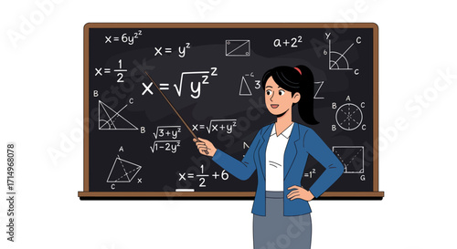 Female math teacher with a pointer explaining equations on a blackboard illustration.