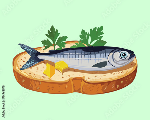 Delicious marinated sardine on a slice of rustic toasted bread served as a gourmet appetizer on a light green background - Vector Illustration	