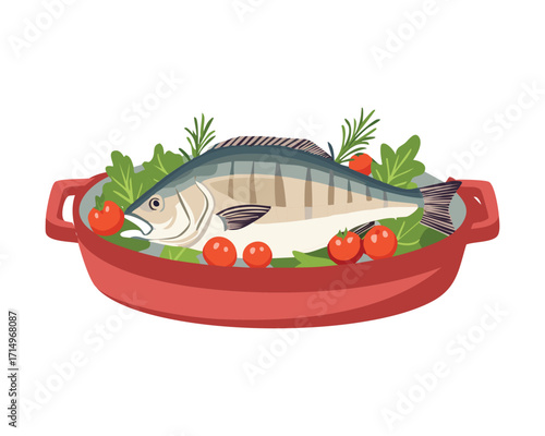 Flavorful Baked Whole Fish, Perhaps Sea Bream, Topped with Rosemary and Lemon Slices Served in a Clay Roasting Dish - Vector Illustration	