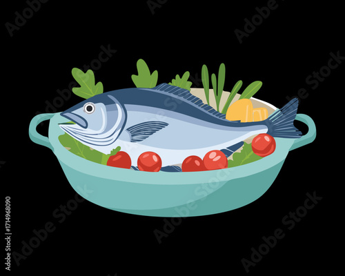 Mediterranean Style Whole Sea Bass Fish Stuffed with Fresh Herbs and Cherry Tomatoes Presented in a Rustic Blue Dish - Vector Illustration	