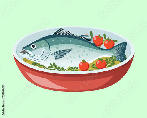Traditional Whole Snapper or Bream Fish Baked with Cherry Tomatoes and Fresh Herbs in a Red Ceramic Casserole Dish - Vector Illustration	